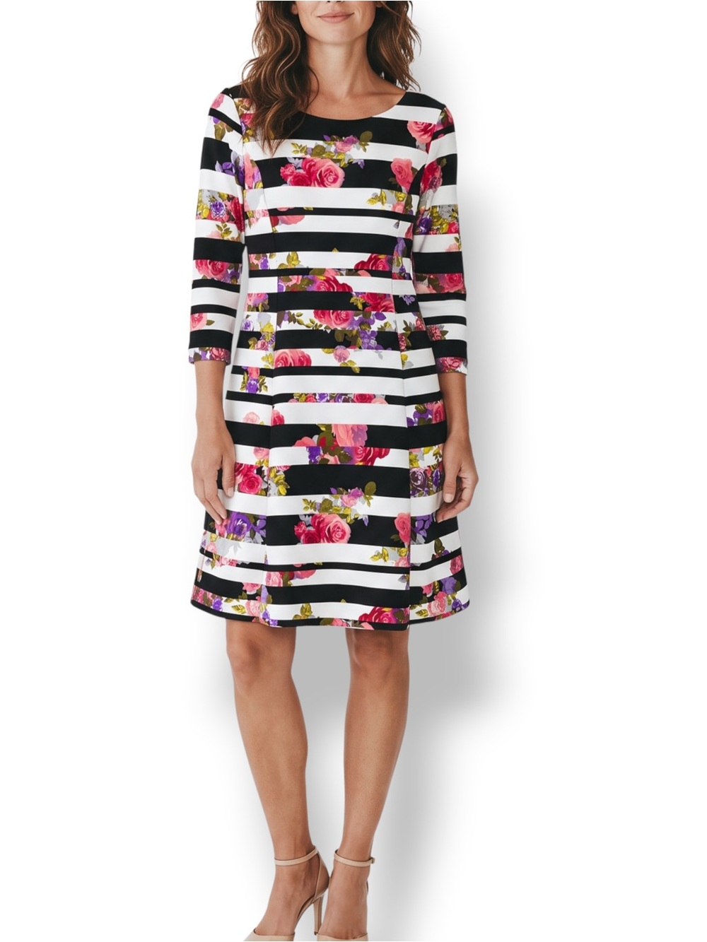 4/$20 INC Large Floral Stripe Fit Flare Dress Black White Roses Stretch
